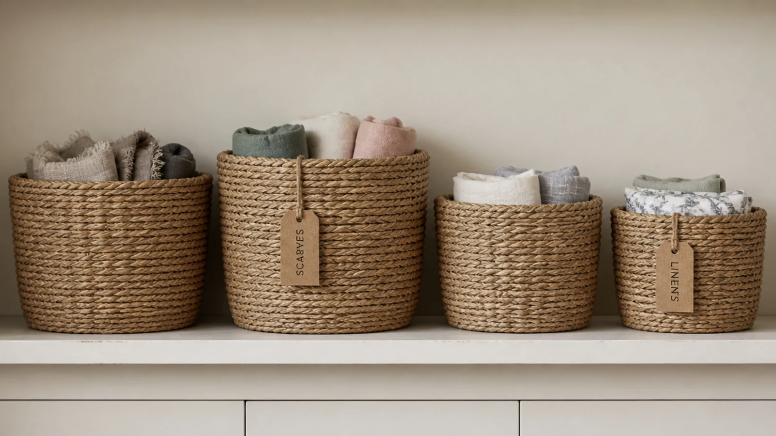 mismatched secondhand seagrass baskets lined up on closet shelving