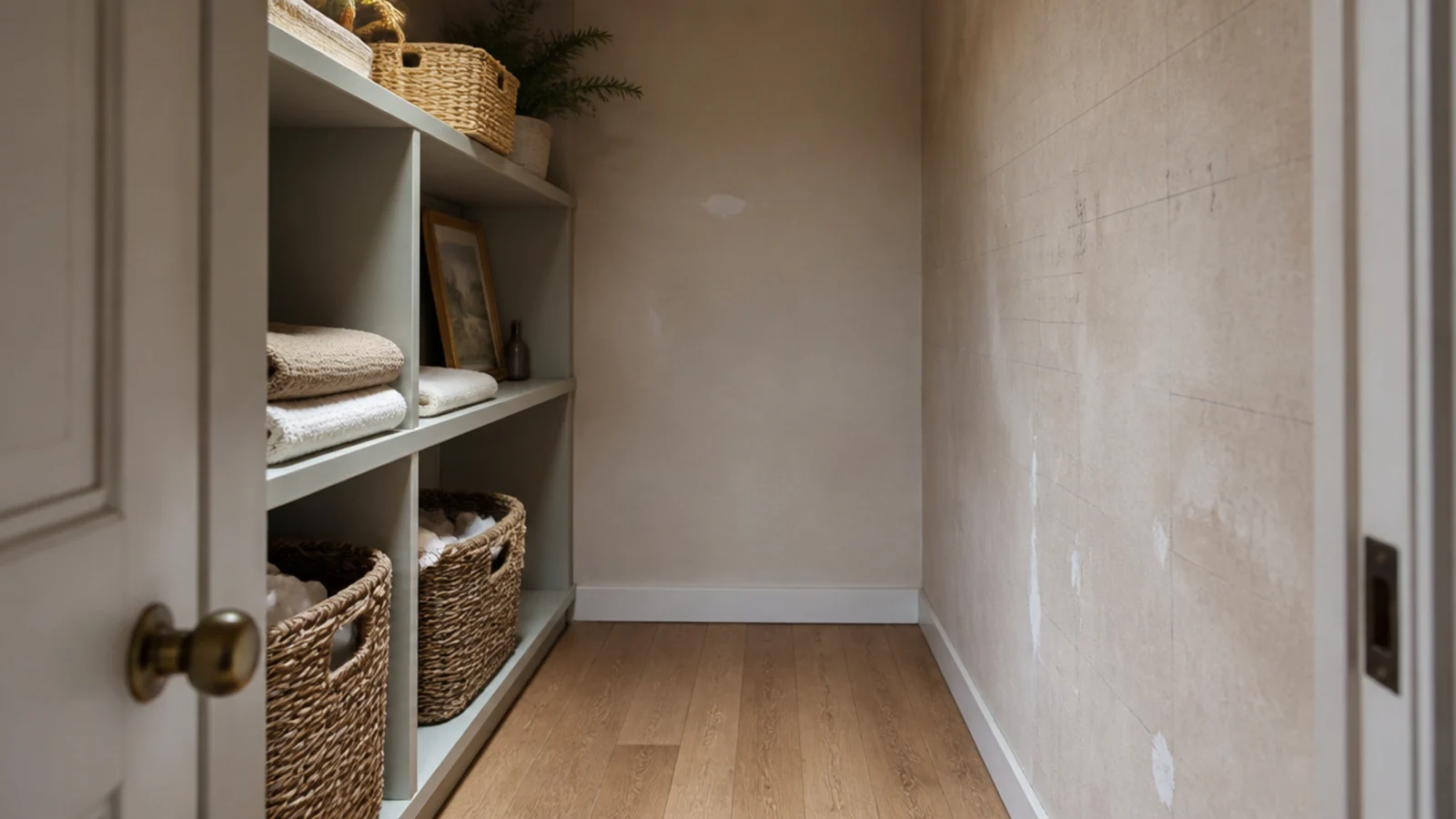 partly upgraded budget closet with one finished wall and one bare