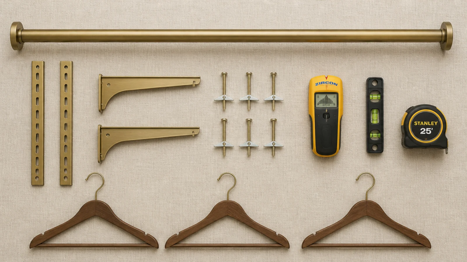 flat lay of closet building tools brackets rods and hangers on linen