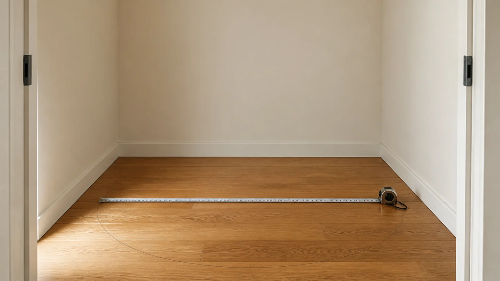 tape measure across an empty small closet floor marking the door swing