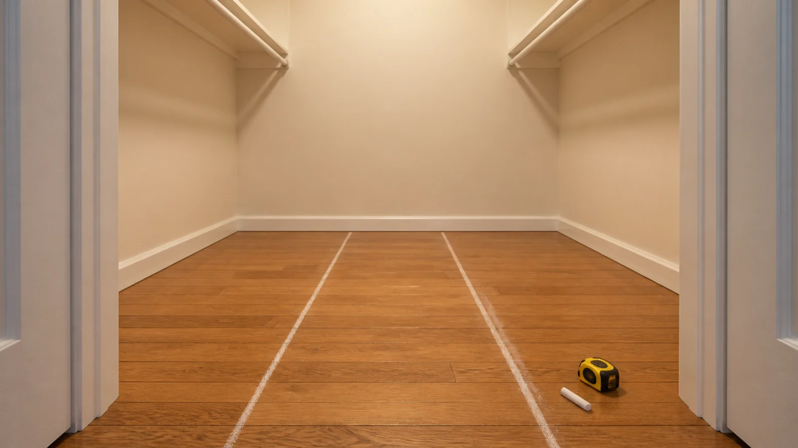 chalk lines marking a thirty six inch walkway inside an empty closet