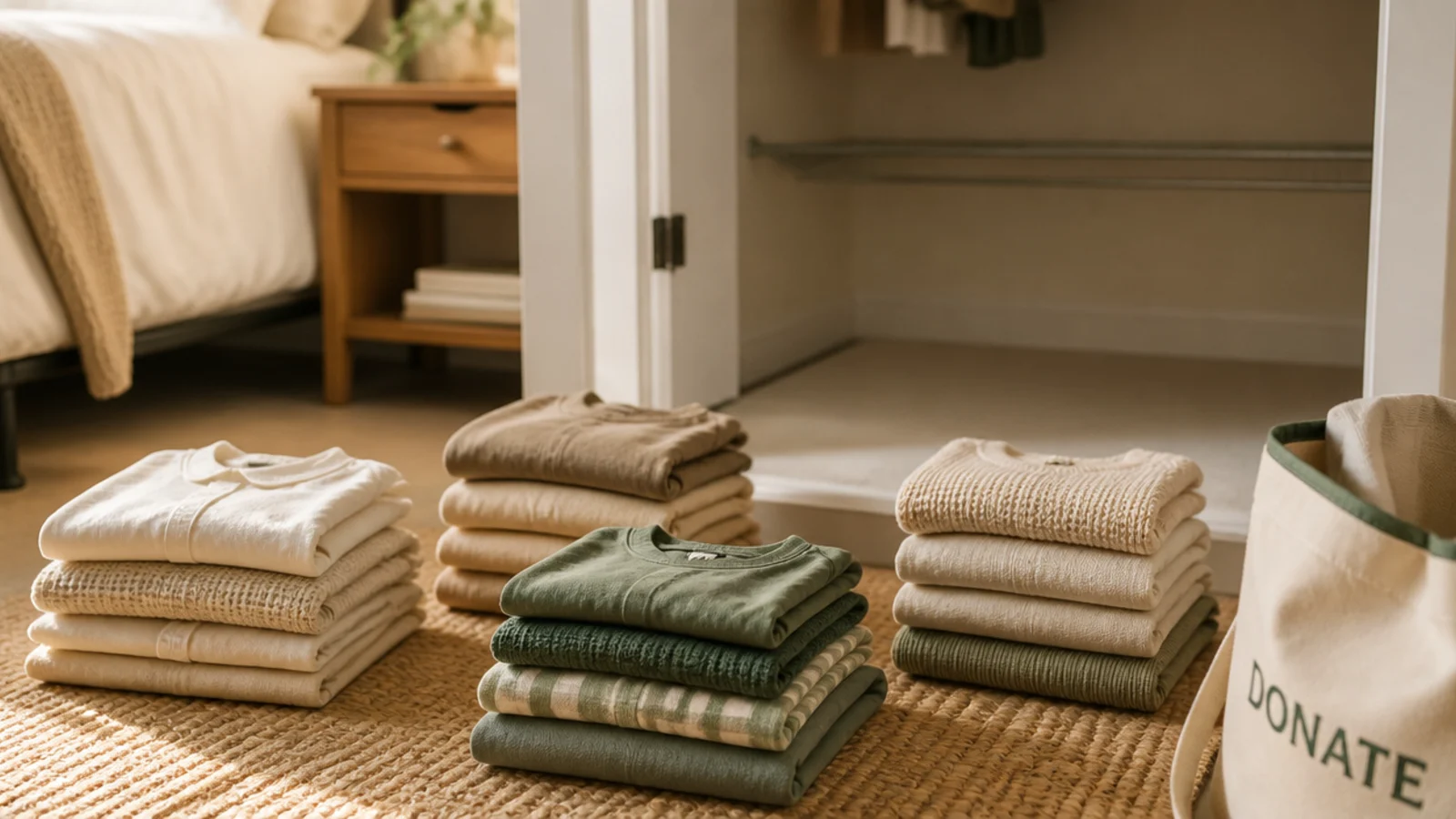 four sorted piles of folded clothing on a linen bedroom floor