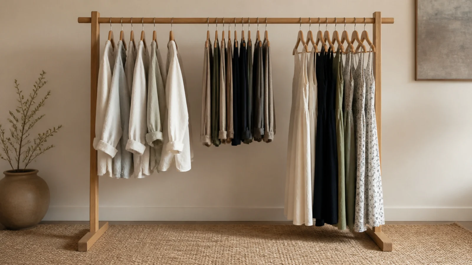 shirts trousers and dresses grouped by type on a wooden clothes rail