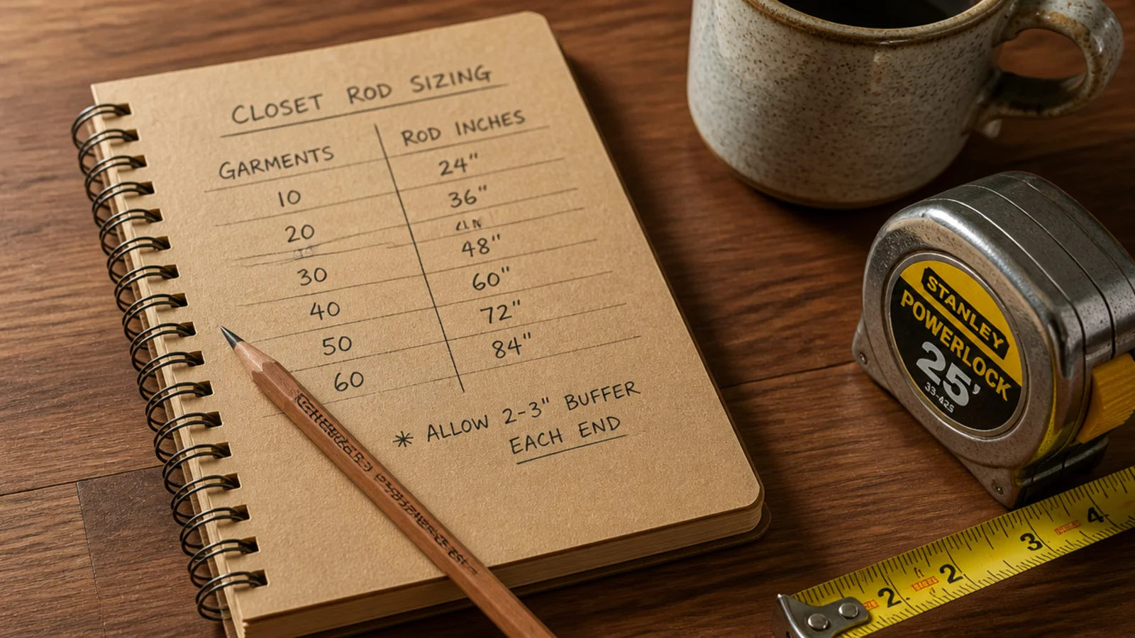 notebook sketch of closet rod lengths beside a tape measure and pencil