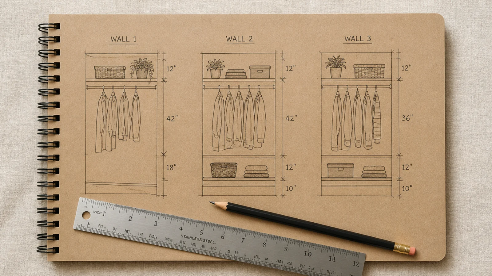 hand drawn closet wall elevation sketch showing rods and shelf heights