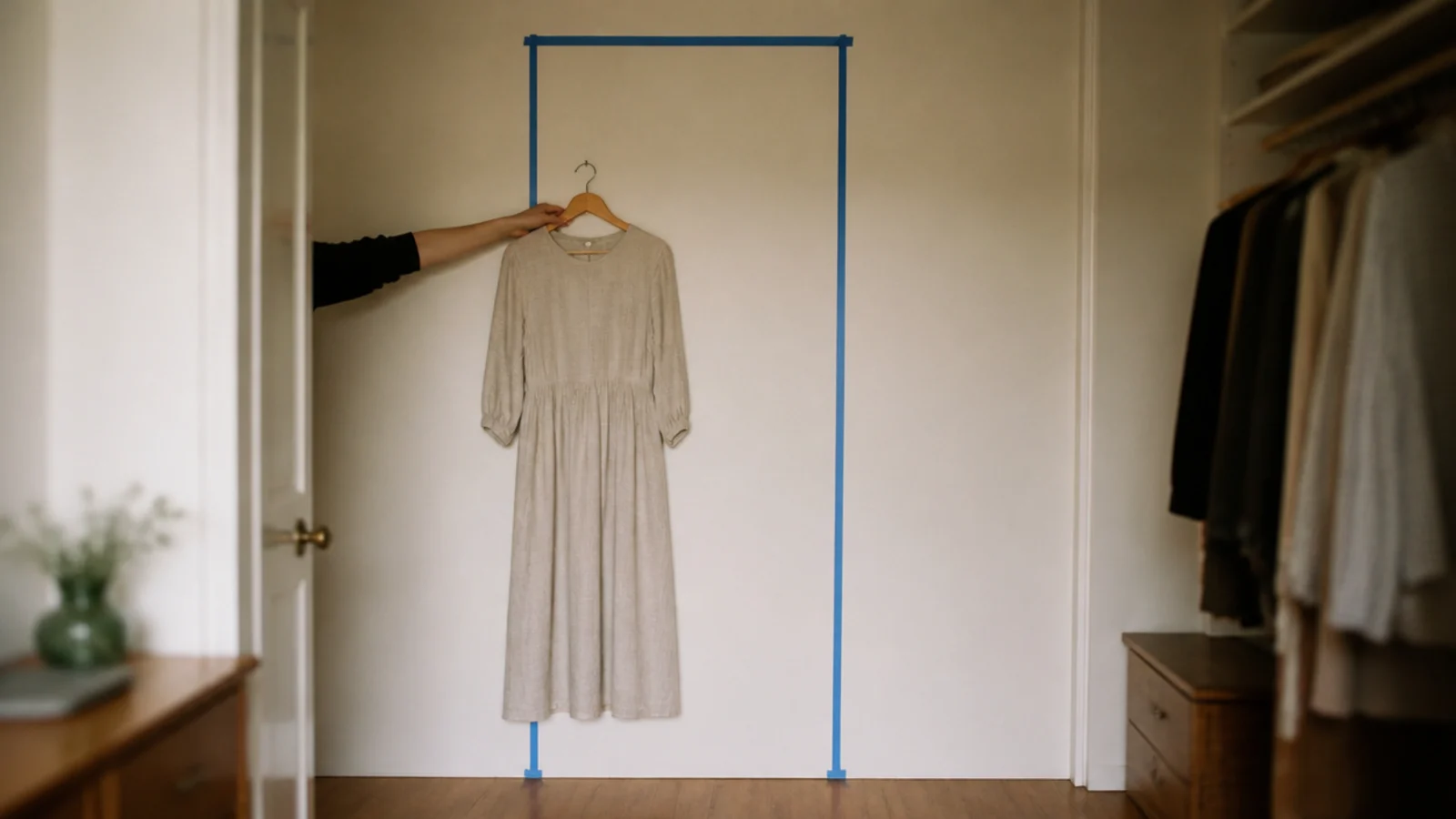 single tall closet bay marked out for dresses and long coats