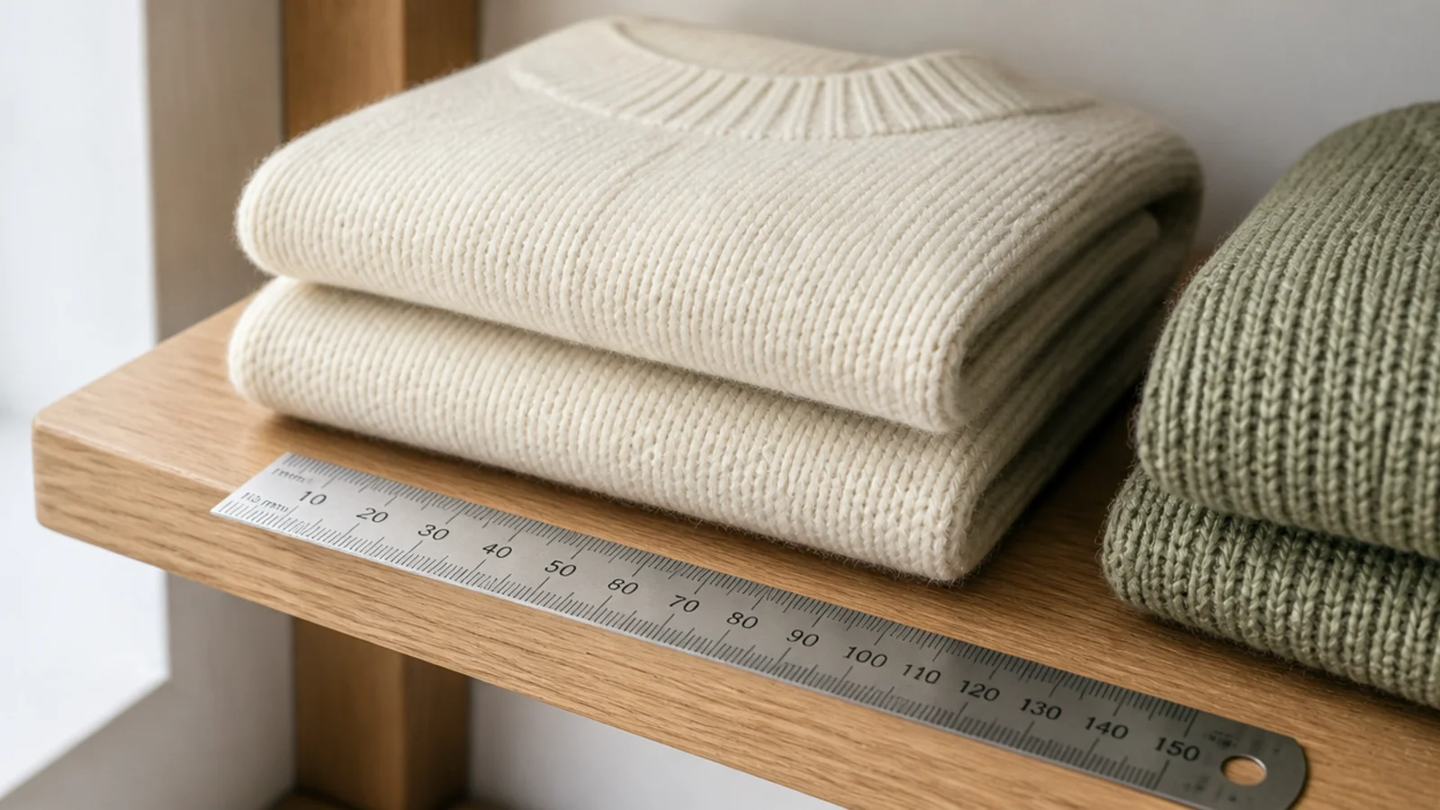 folded sweater measured against a twelve inch deep closet shelf board
