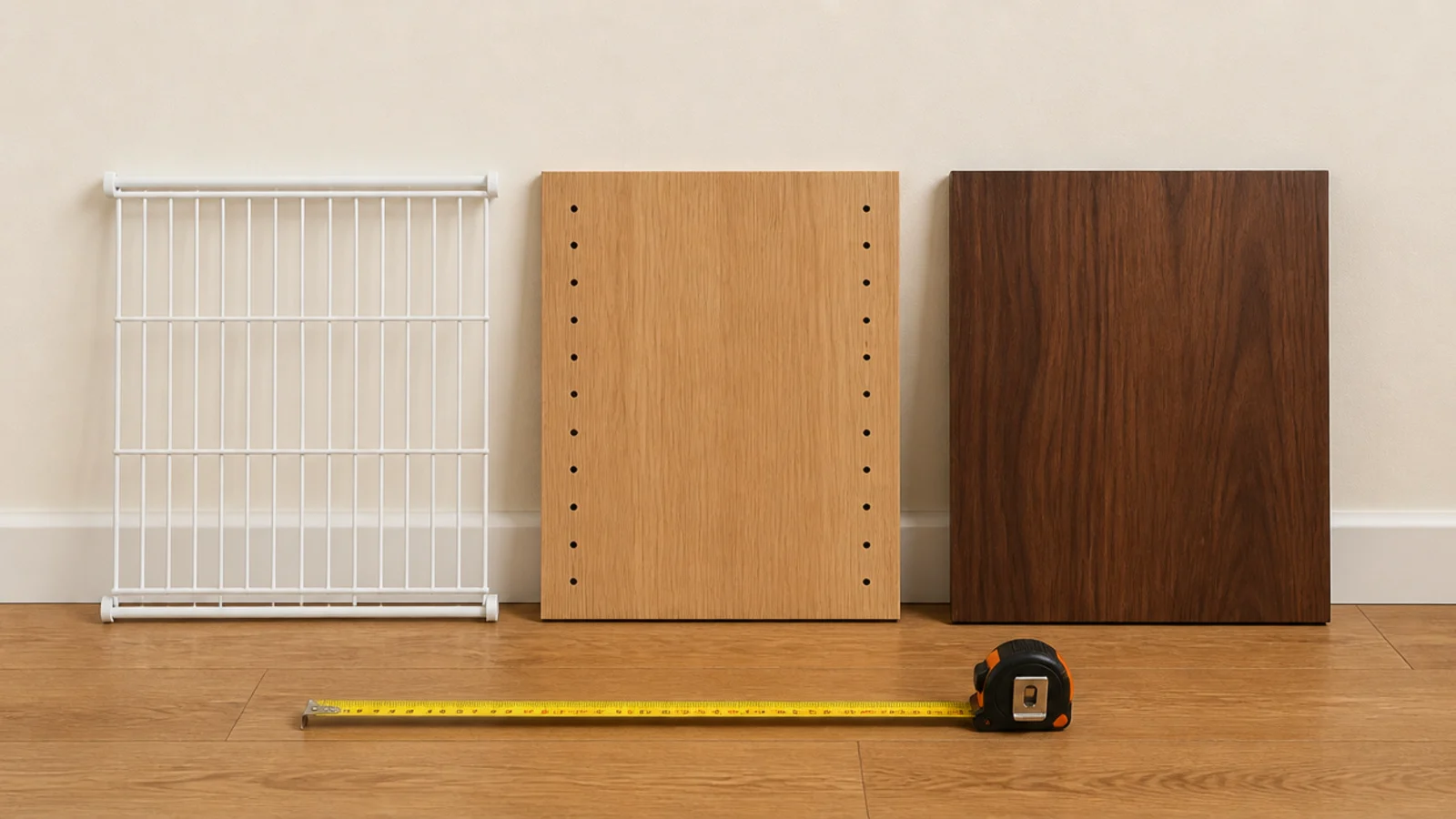wire modular and solid wood closet shelf samples compared side by side