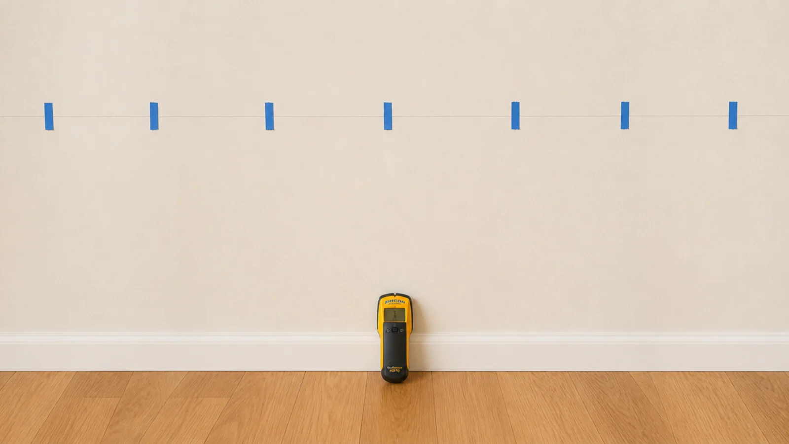 painters tape marking stud positions along a level line in a closet