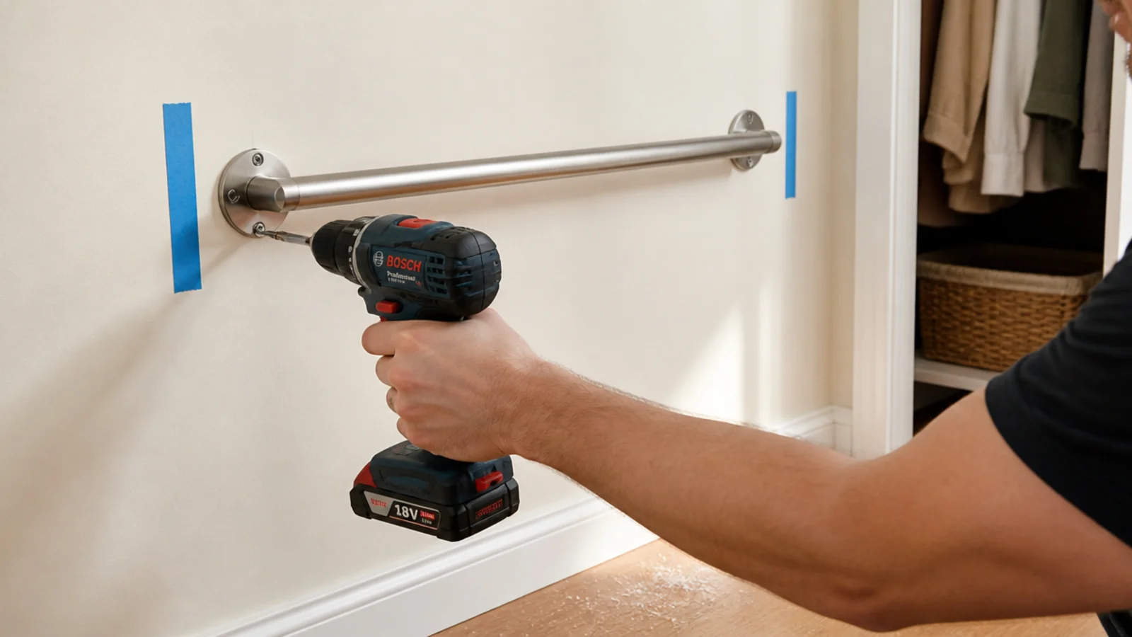 metal hang rail being screwed level into studs on a closet wall