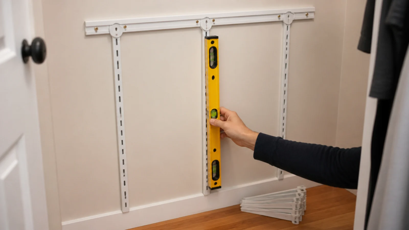 vertical shelf standards hanging plumb on a closet wall with a level