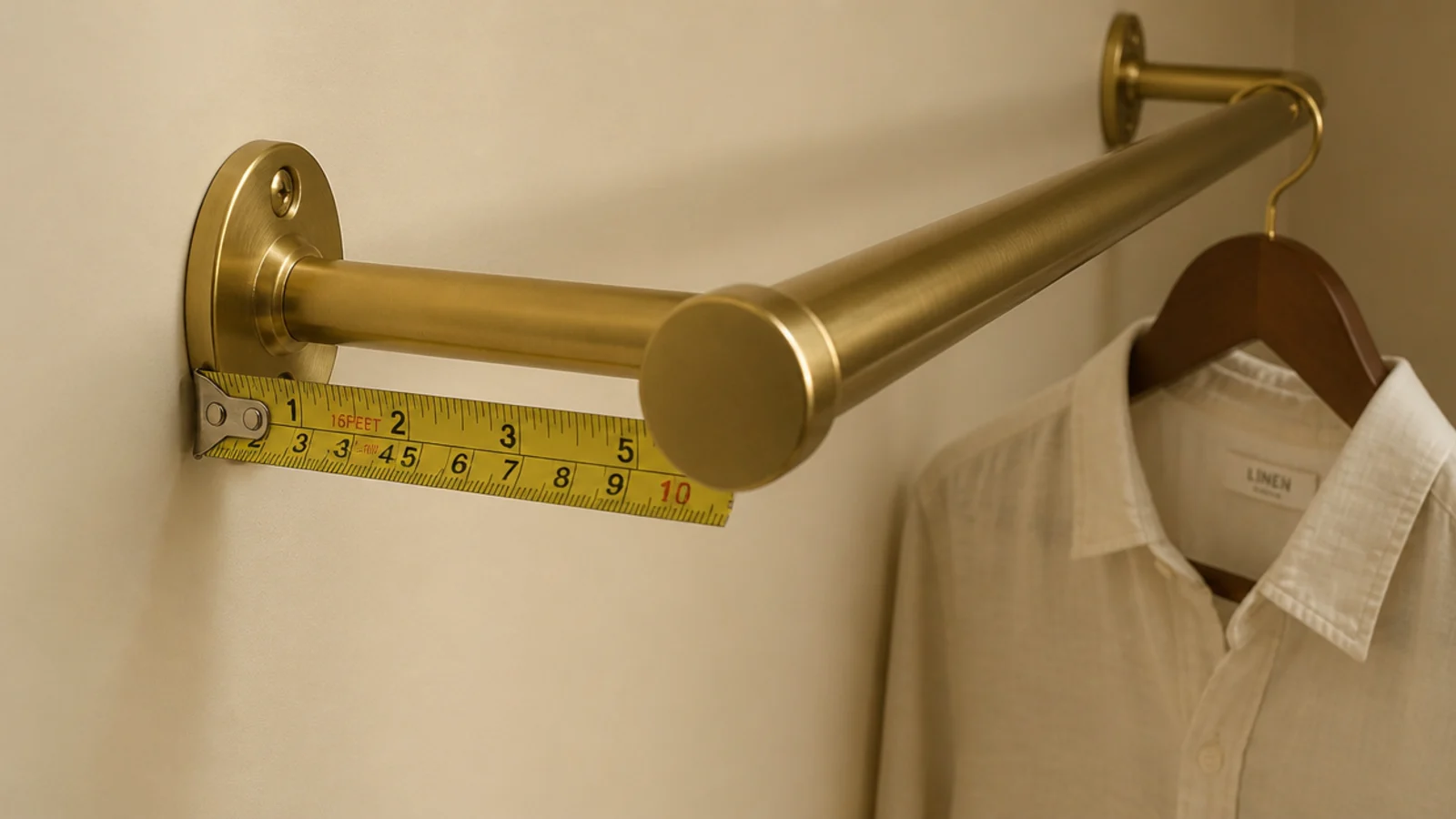 brass closet rod fitted on brackets with a tape measure checking depth
