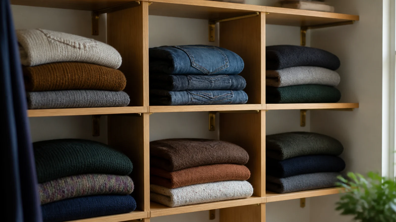 stacked sweaters load testing new oak shelves in a small closet
