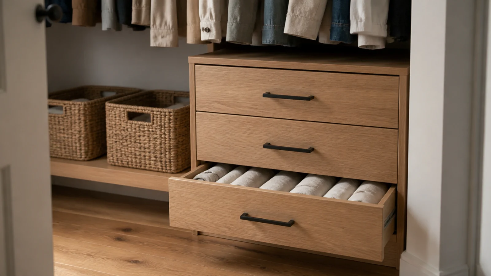 low drawer unit and woven baskets installed under a closet hanging bay