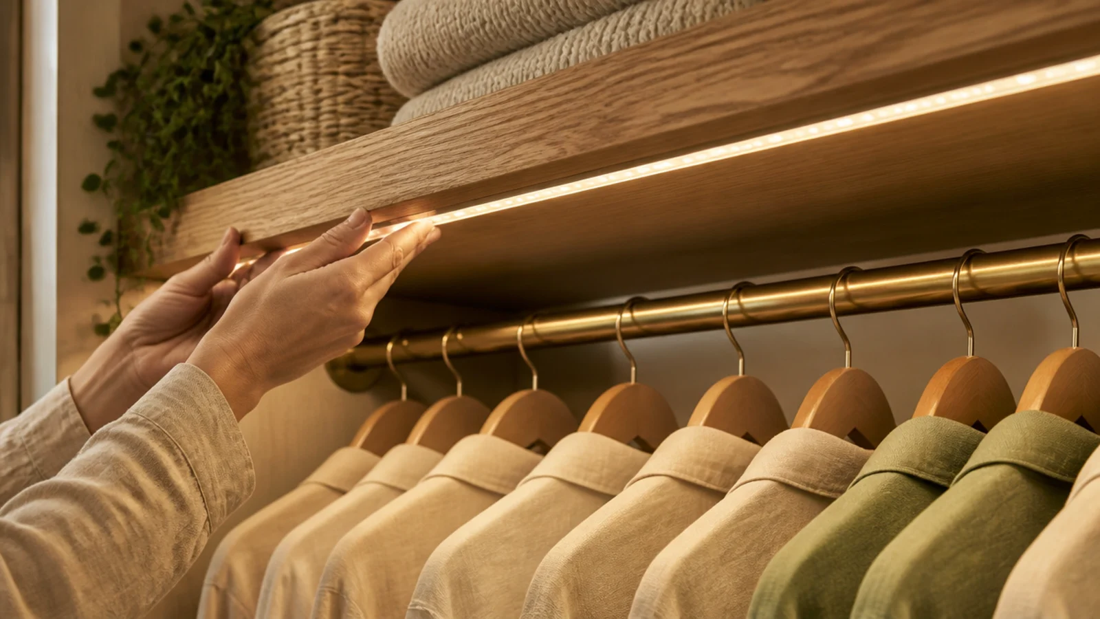 warm led strip installed under a closet shelf lighting hanging clothes