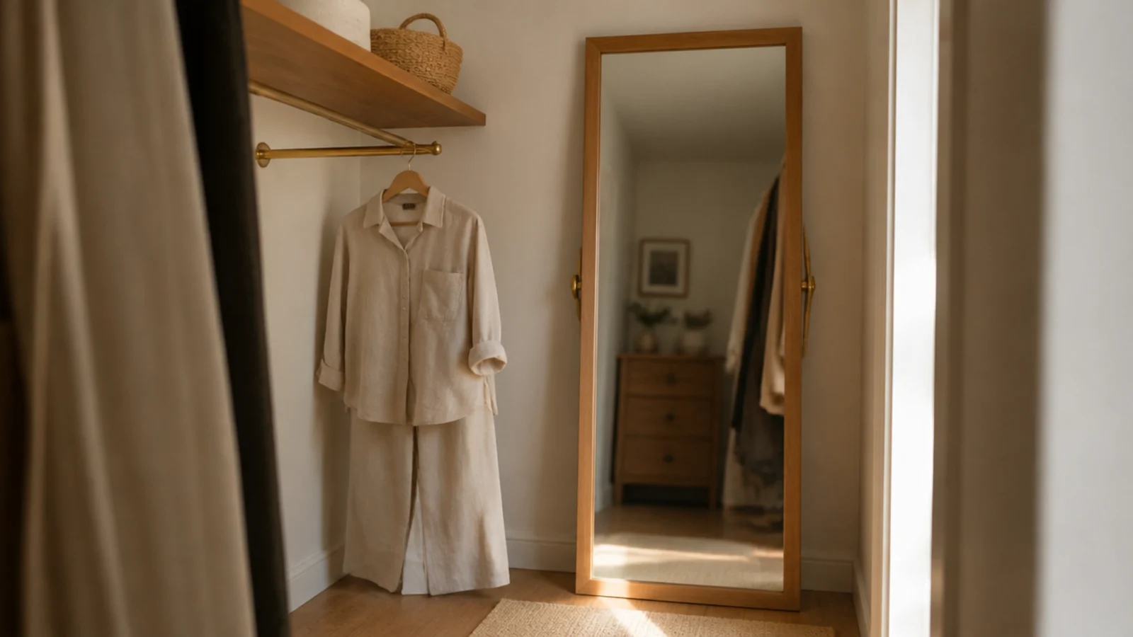 full length mirror and brass valet rod finishing a small closet build