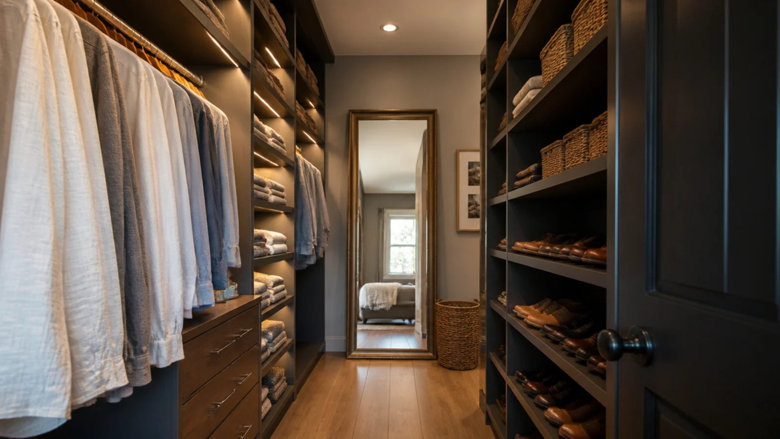 finished small walk-in closet fully loaded with clothing and baskets
