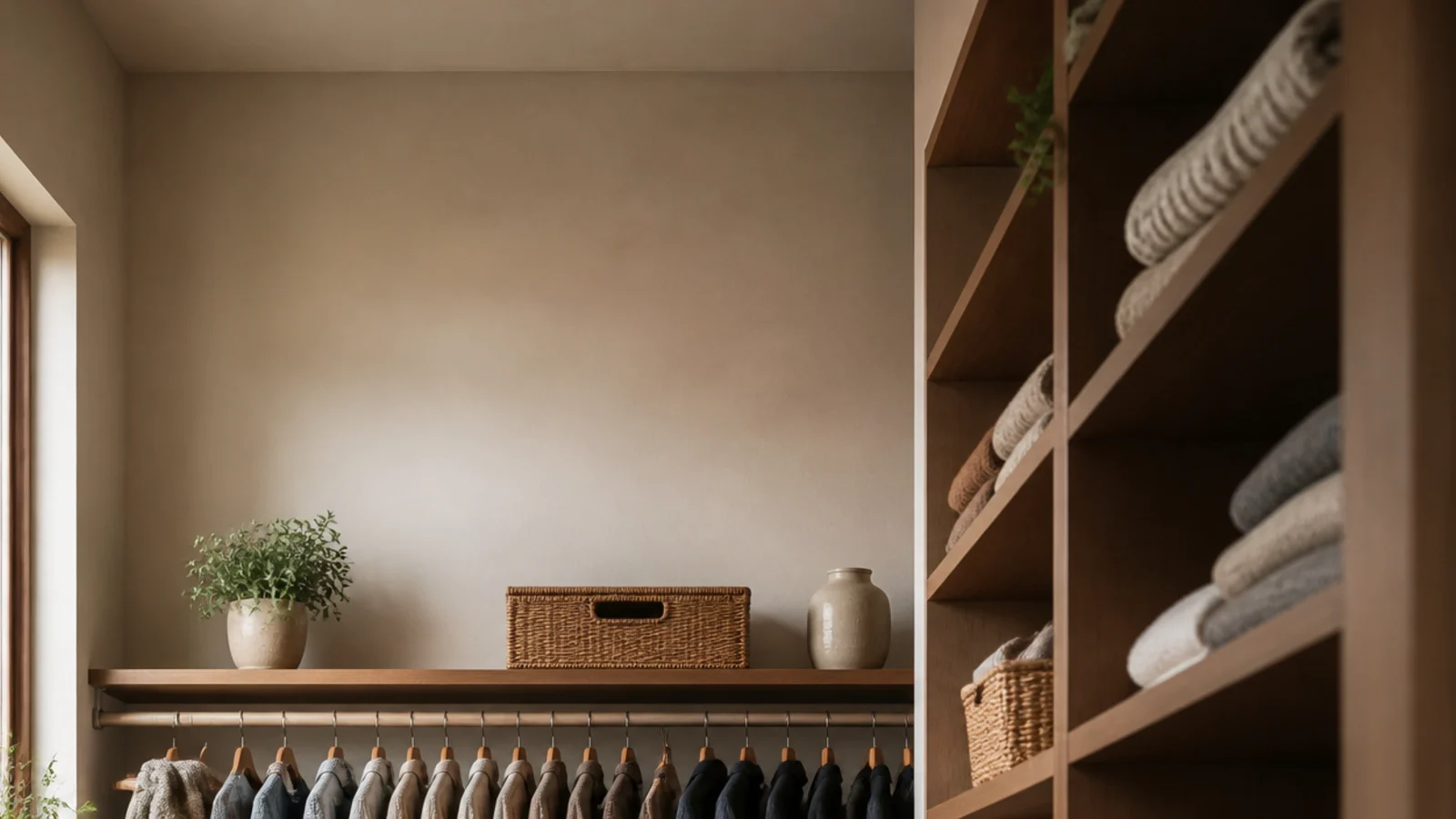 vertical build guide view of a finished small walk-in closet with shelving