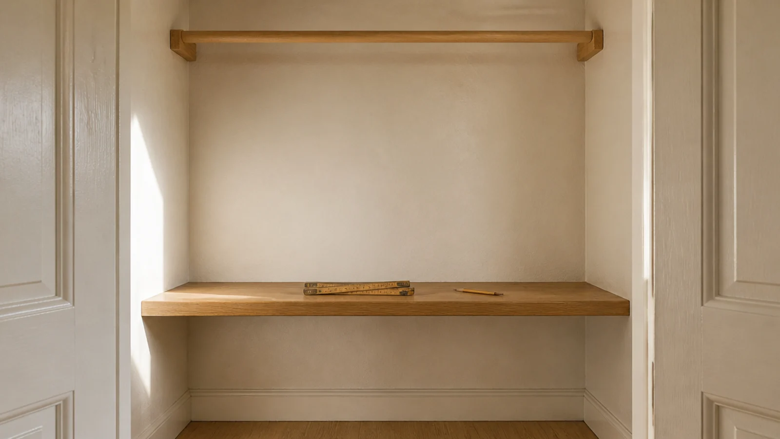 empty pale closet interior with a folding ruler showing shelf depth