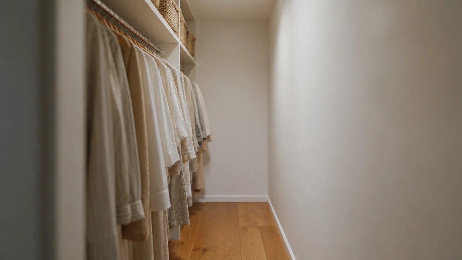 single wall of hanging clothes in a minimalist small walk-in closet