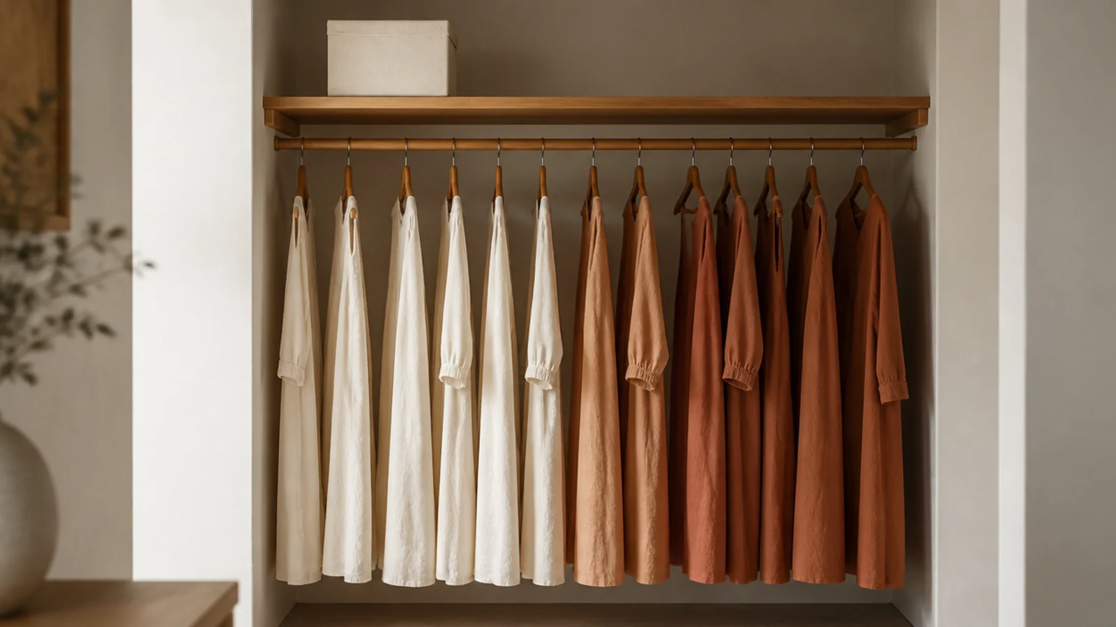 single long hang bay of dresses in a pared back small closet
