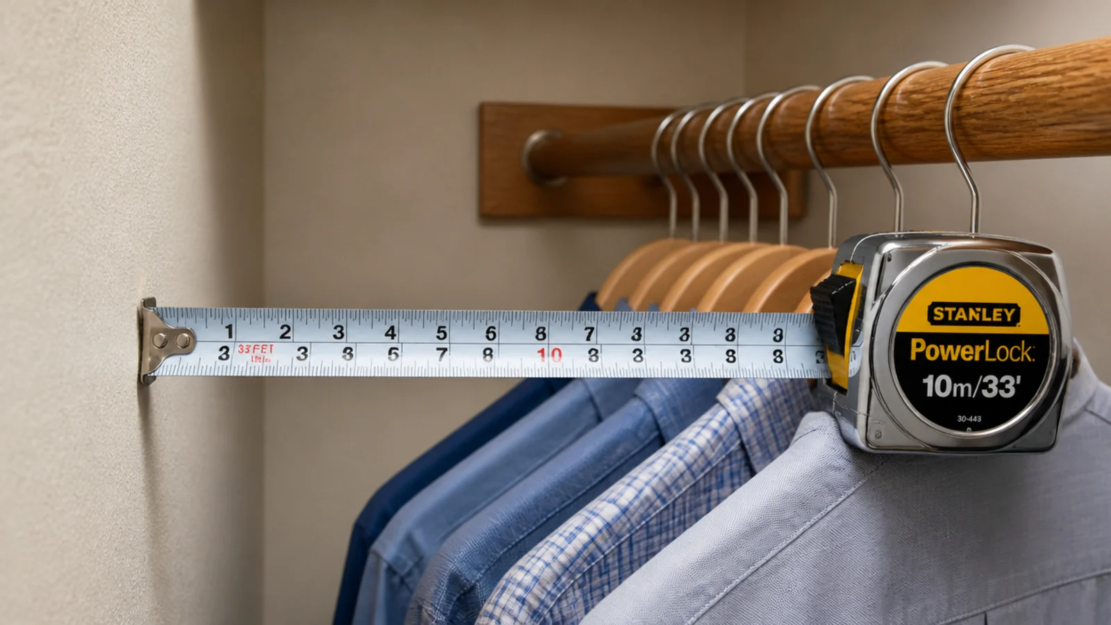 tape measure showing 24 inch hanging depth in a narrow closet