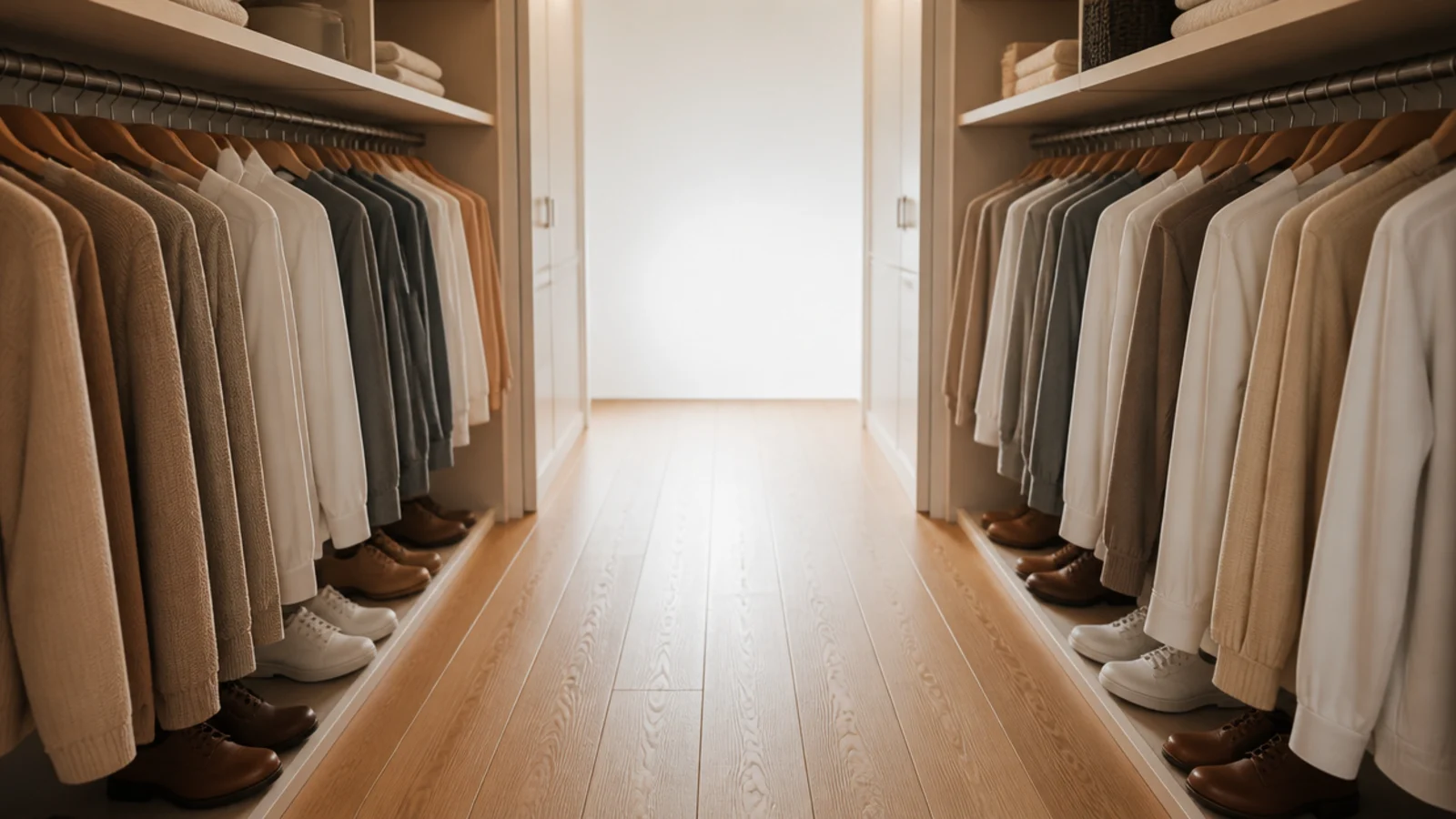 clear thirty six inch walkway down a minimalist small walk-in closet