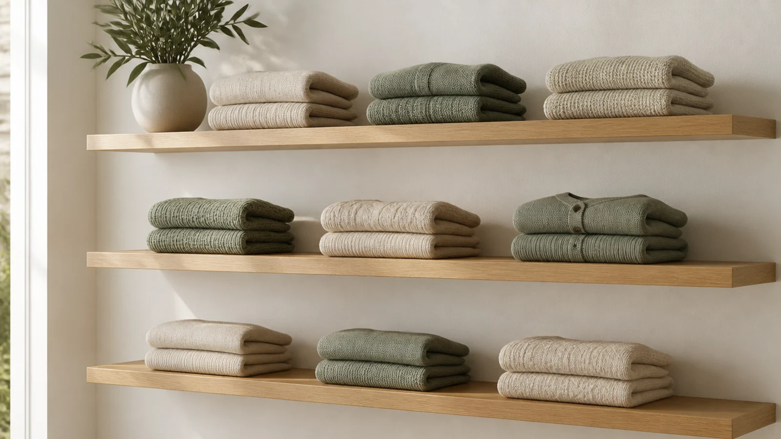 shallow open shelves holding folded knits in a minimalist closet