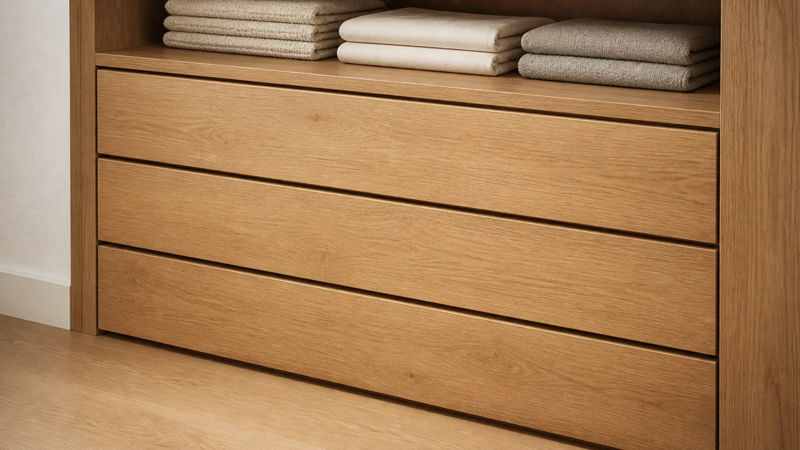 handleless oak drawer fronts in a pared back small walk-in closet