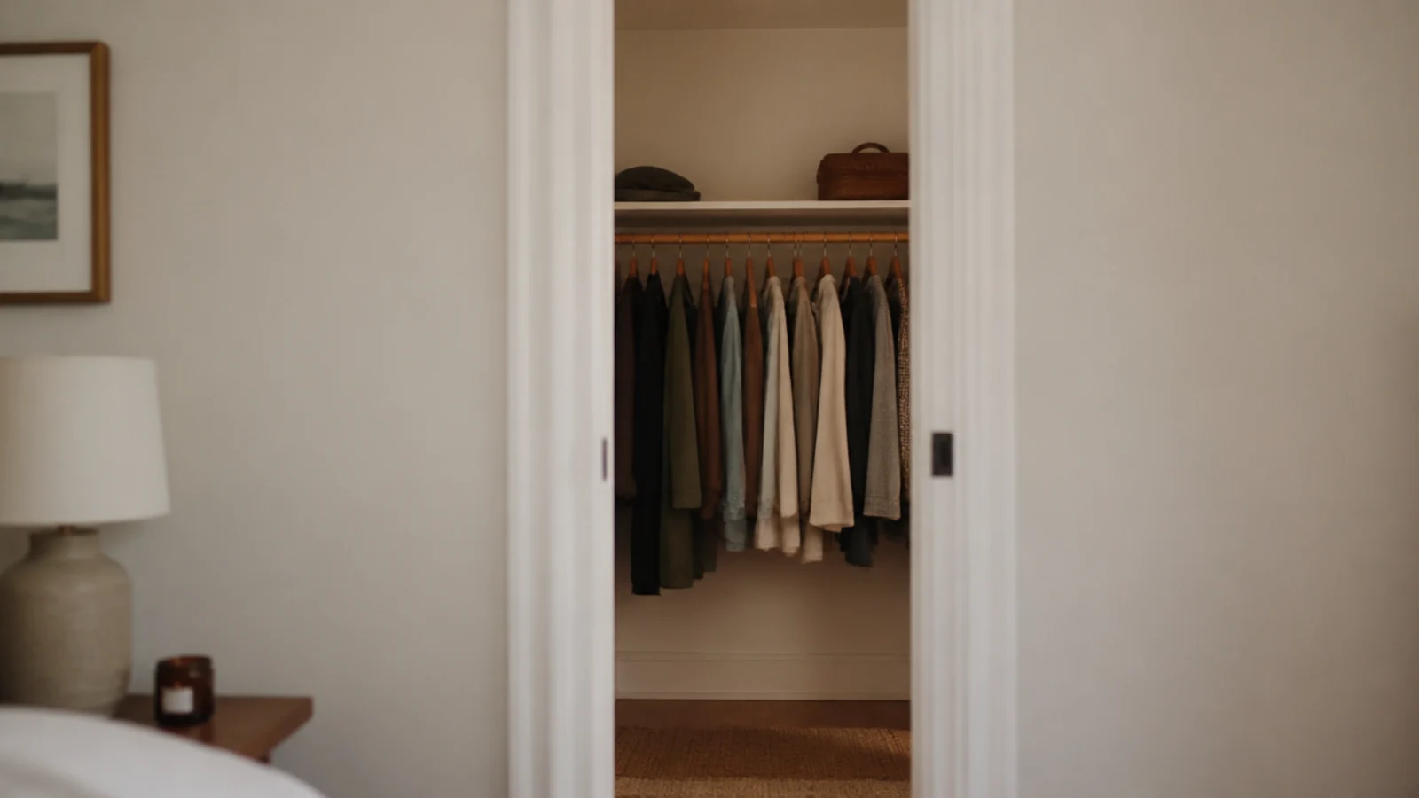 closet painted the same warm white as the bedroom beyond it