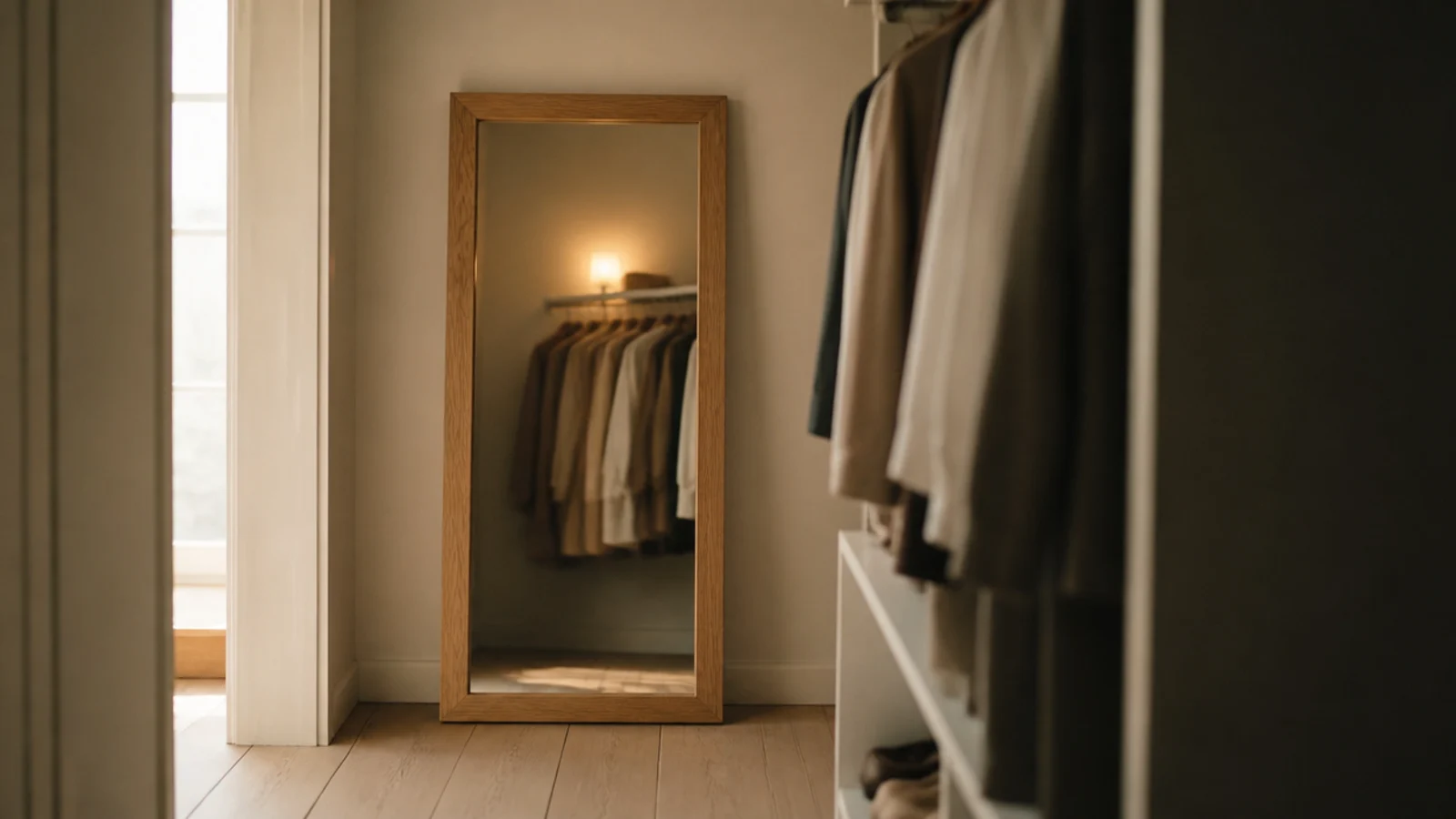 single full length mirror leaning at the end of a small closet