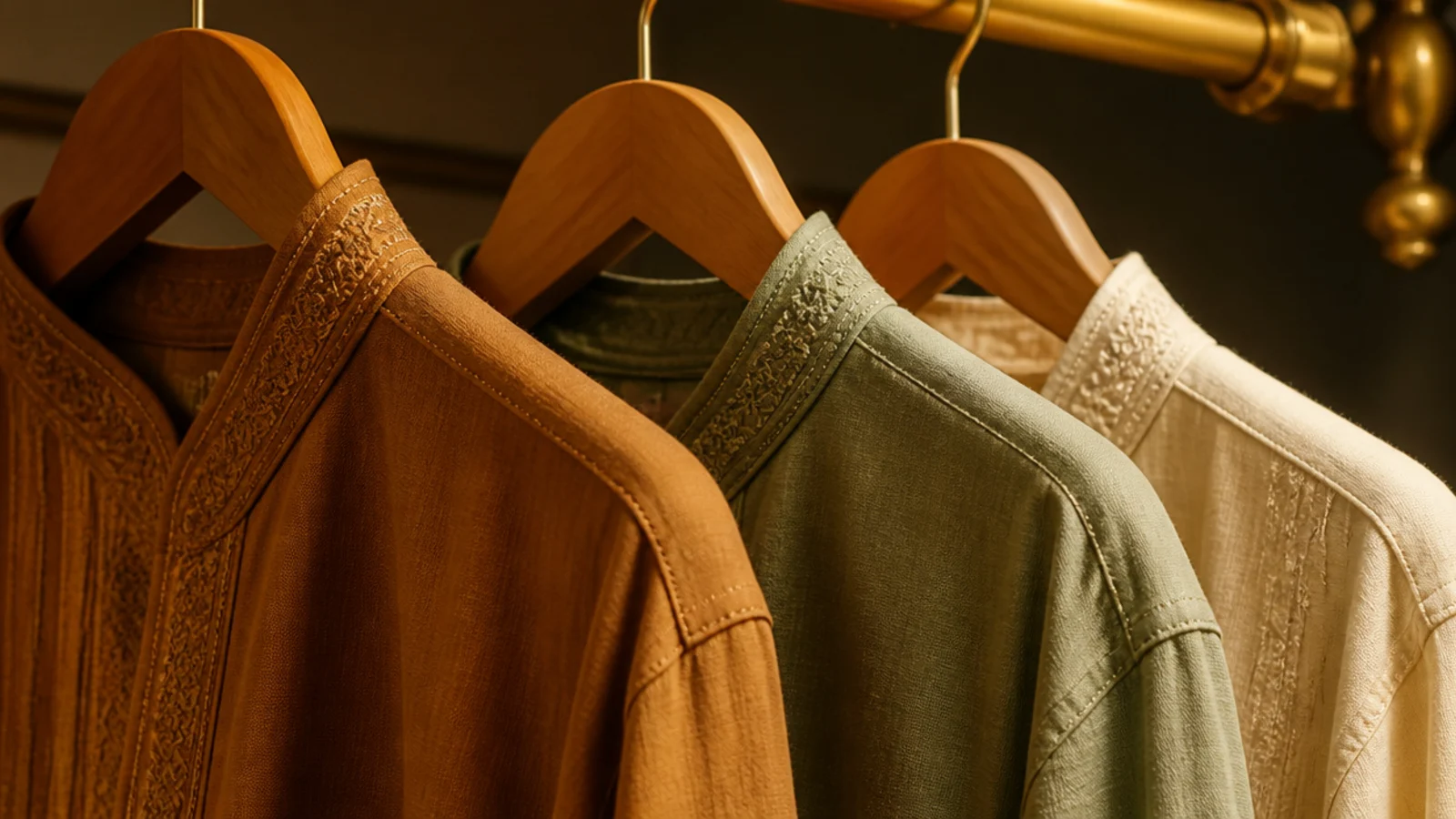 warm 3000K light across neutral clothing in a minimalist closet