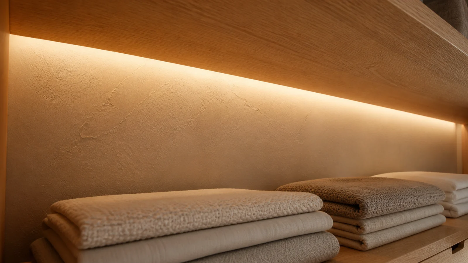 concealed light strip glowing behind a shelf lip in a closet