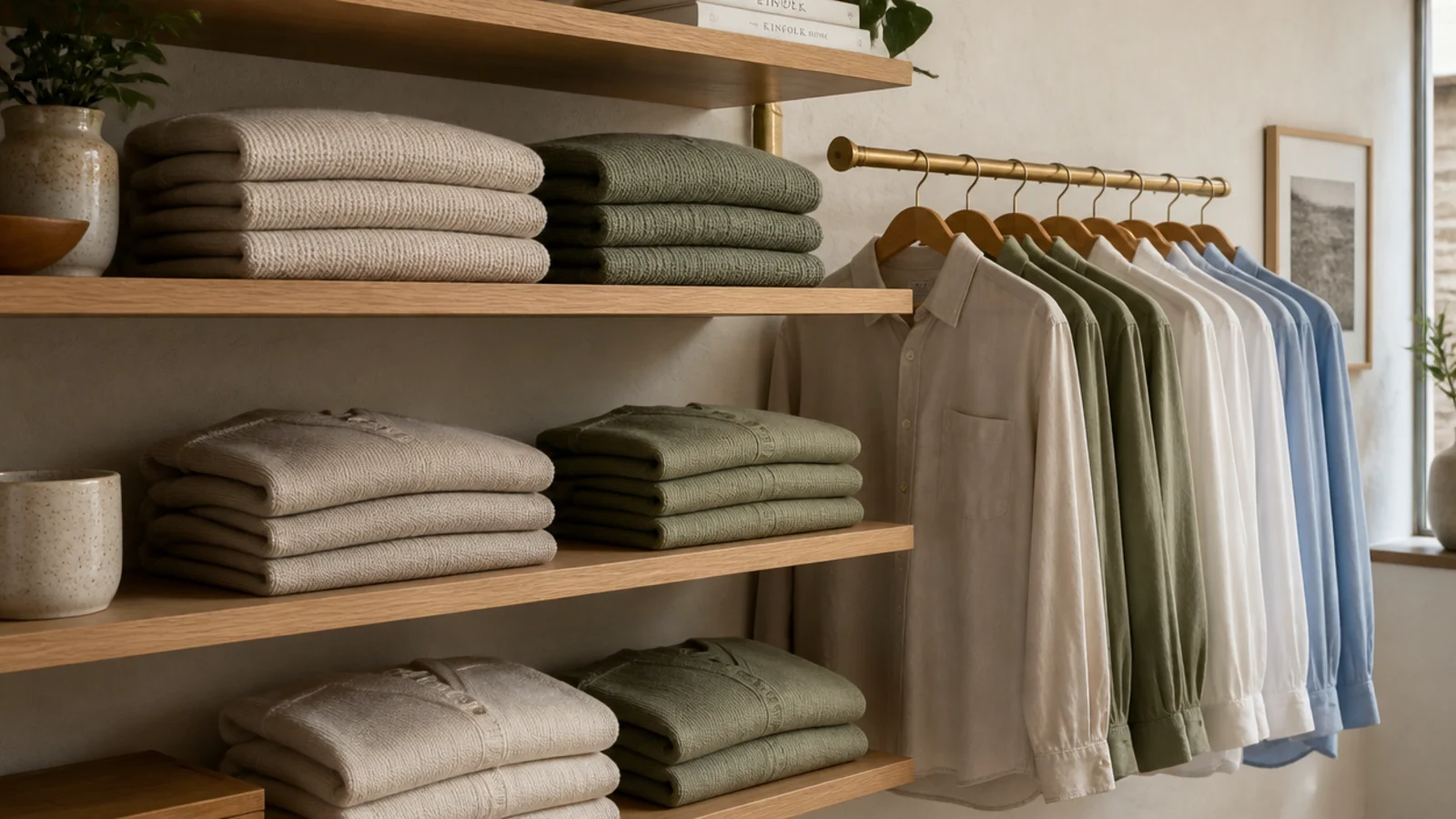 folded knitwear on shelves beside hanging shirts in a pared closet