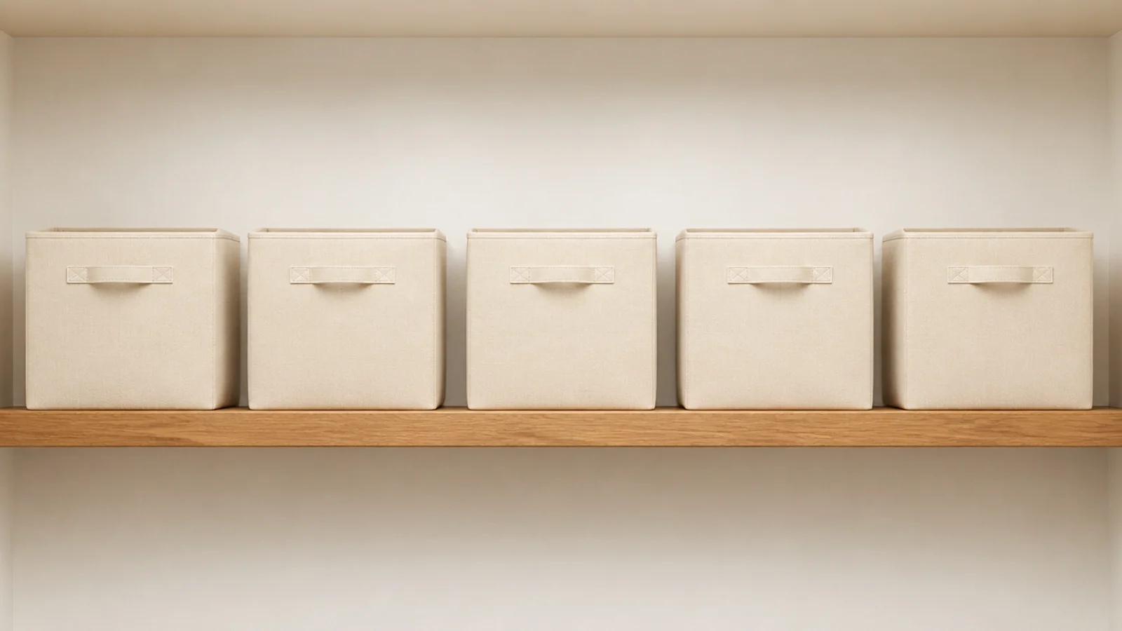 row of identical canvas bins on a minimalist closet top shelf