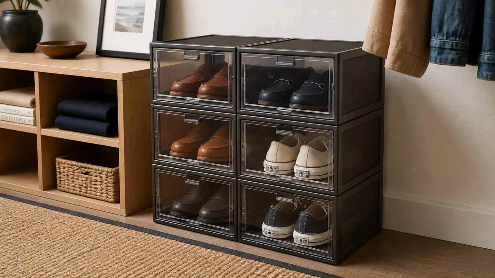 stack of matching clear front shoe boxes in a small walk-in closet