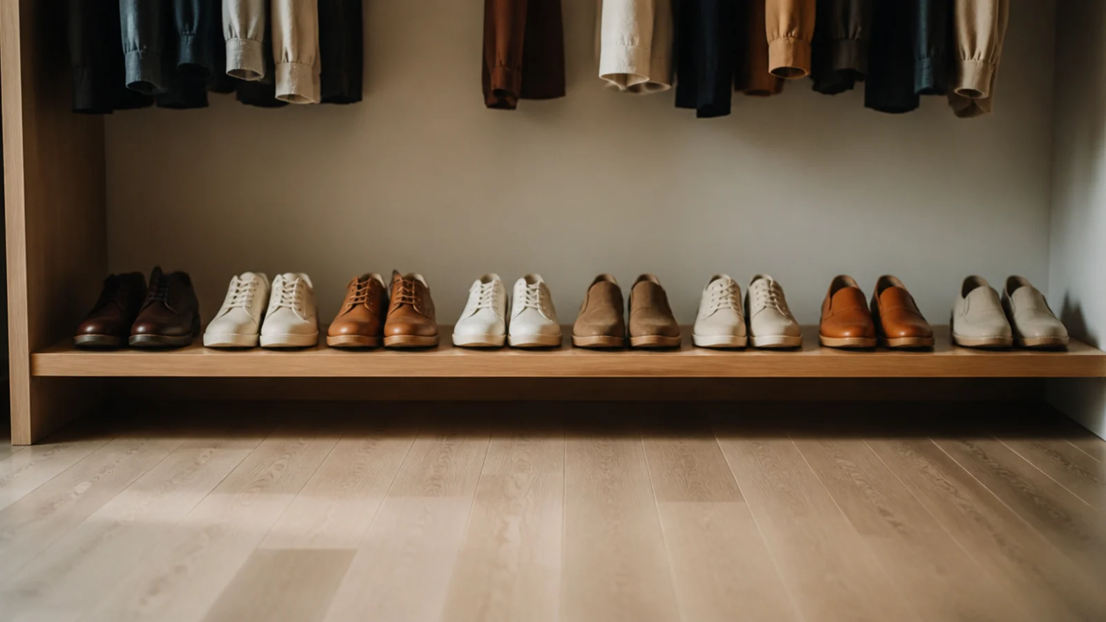 single row of shoes lined along the floor shelf of a closet