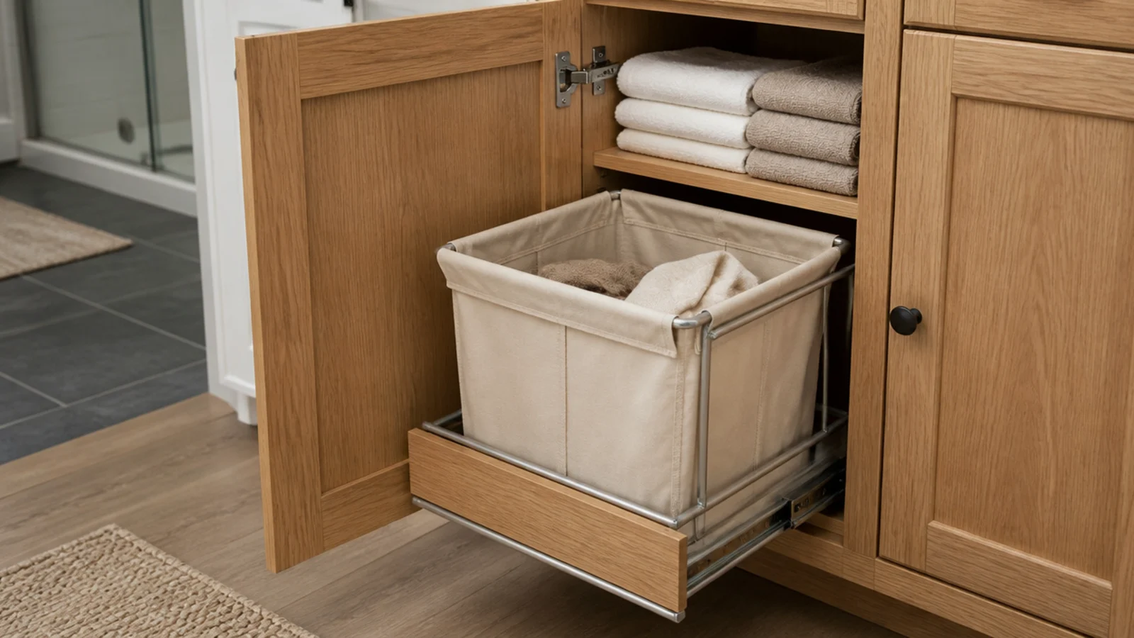 canvas hamper concealed behind a closet cabinet door beside shelving