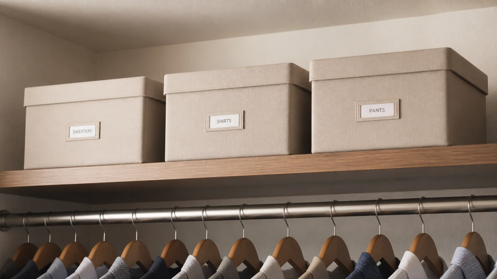 off season storage boxes stored high above a closet hanging rod