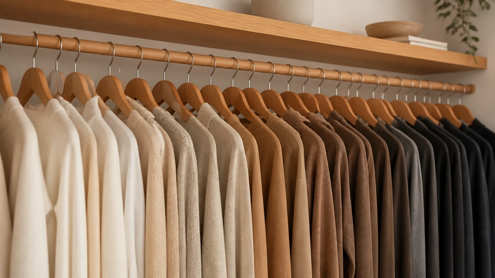 clothing graded from cream to charcoal along a minimalist closet rail