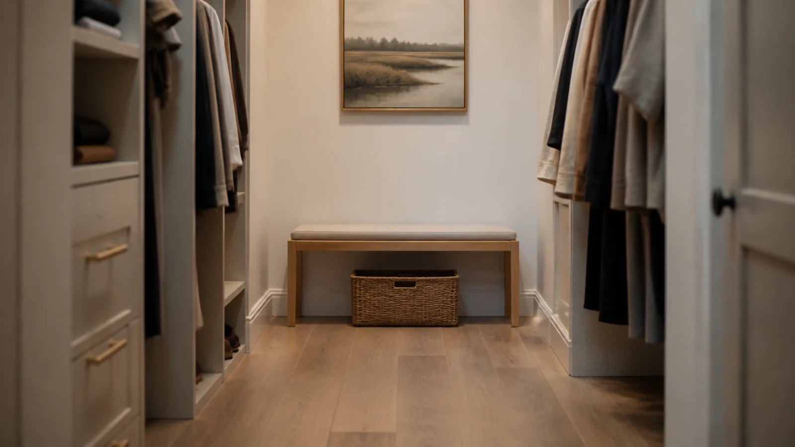 slim oak bench at the end of a minimalist small walk-in closet