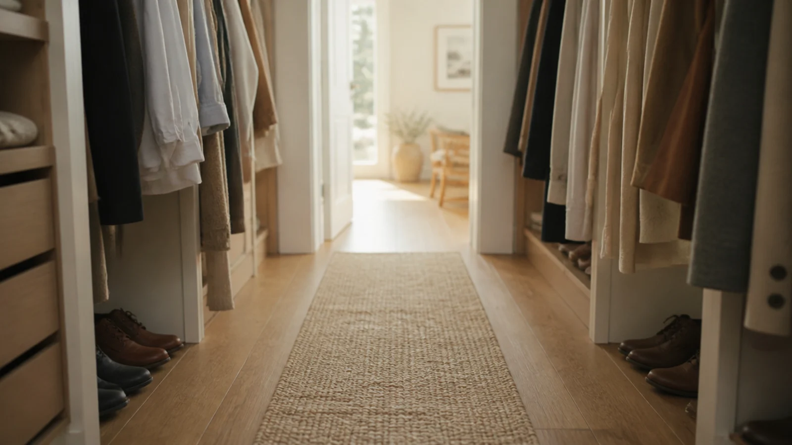 narrow flatweave runner laid down a minimalist closet walkway