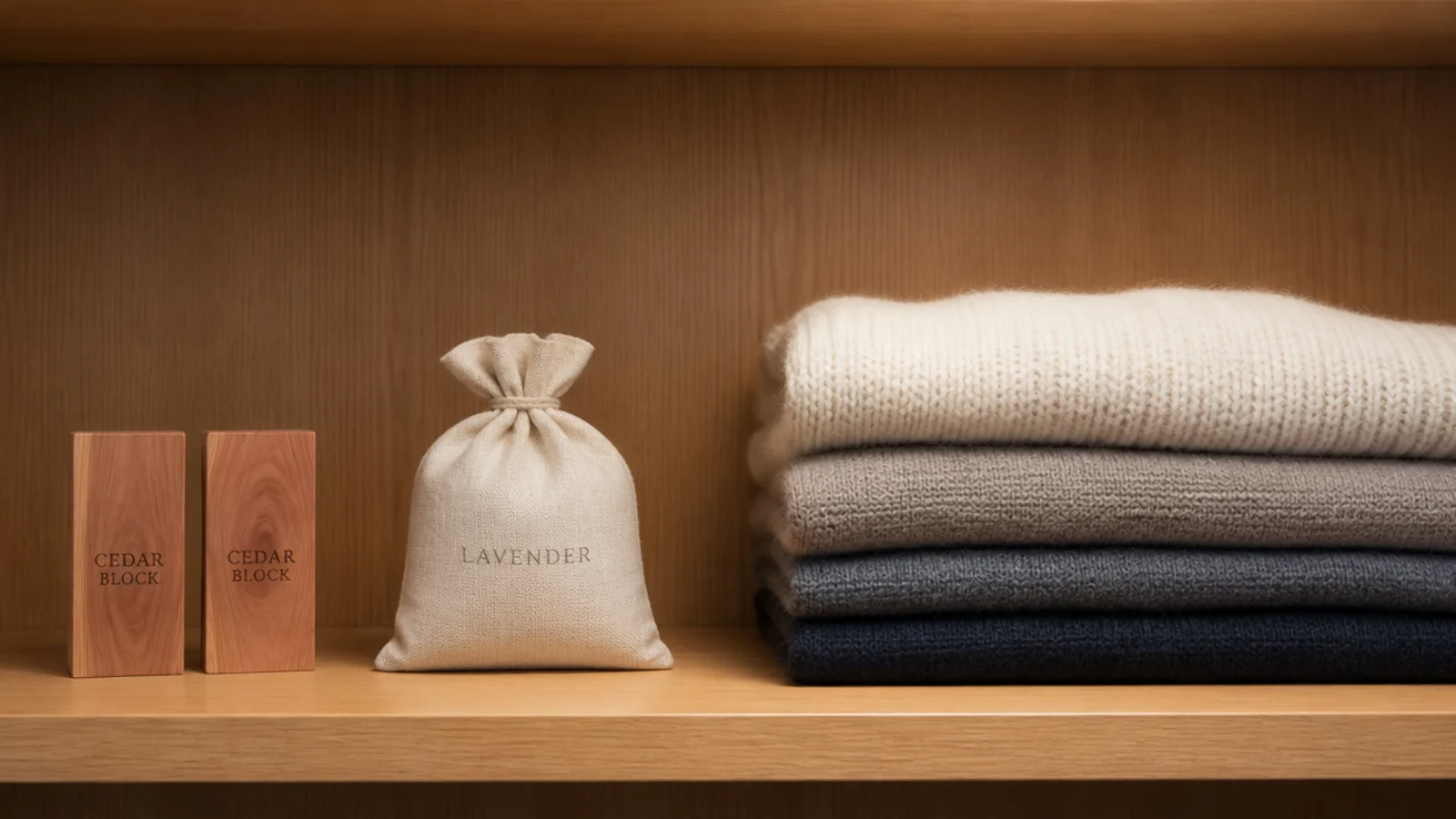 cedar blocks and one lavender sachet on a bare closet shelf