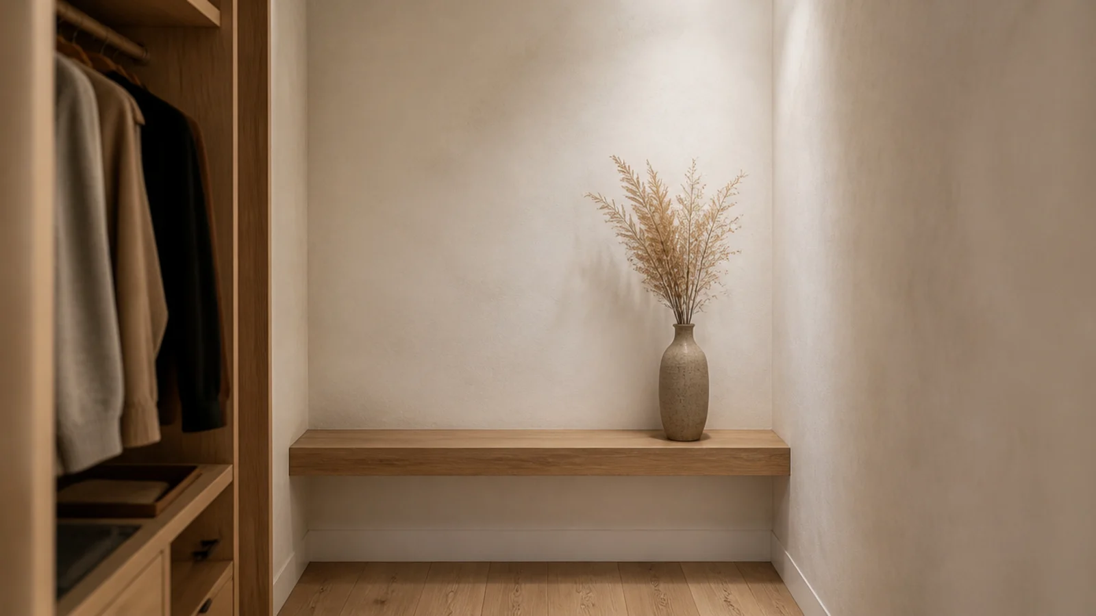 single stoneware vase of dried grasses on a minimalist closet shelf