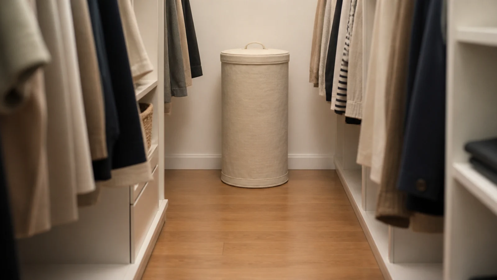 lidded canvas hamper standing at the end of a tidy closet walkway