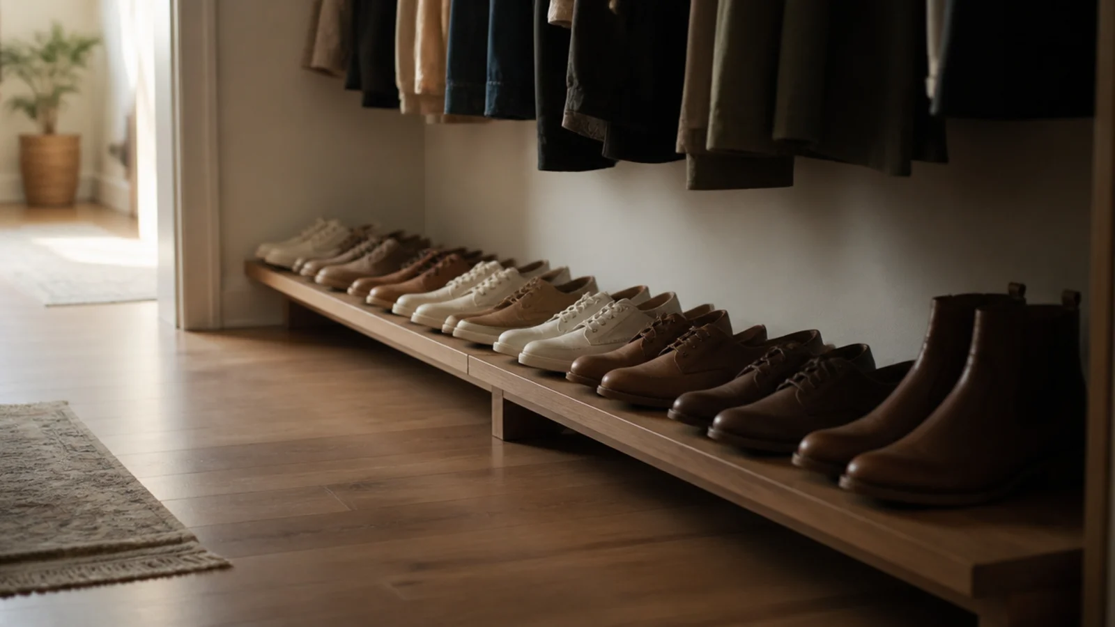 single tidy row of shoes on a low shelf in a closet