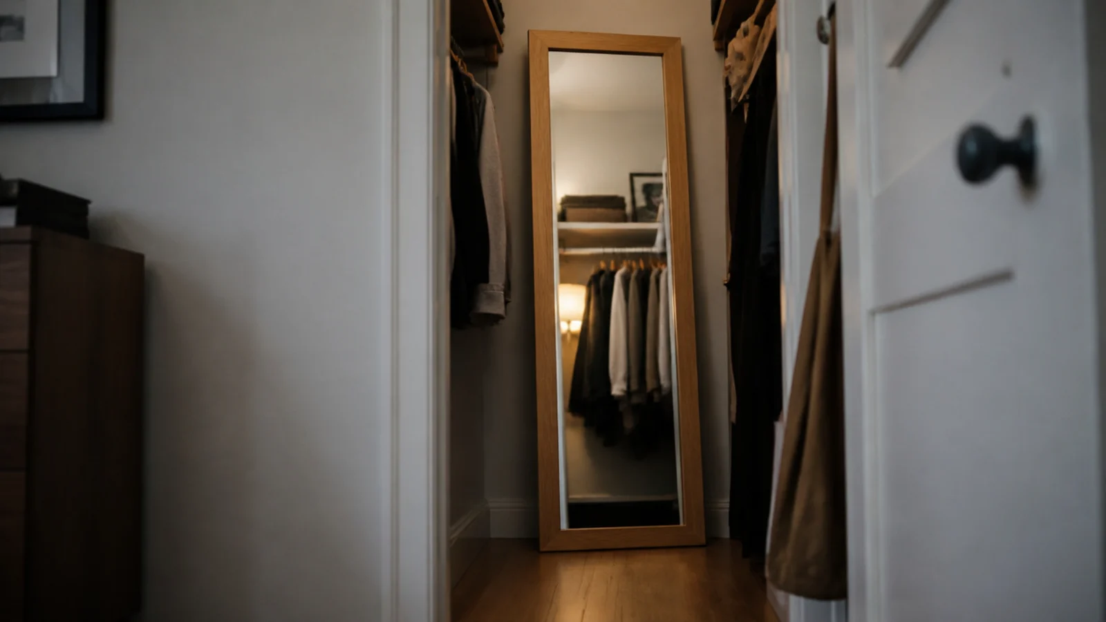 full length mirror leaning inside a small walk-in closet doorway