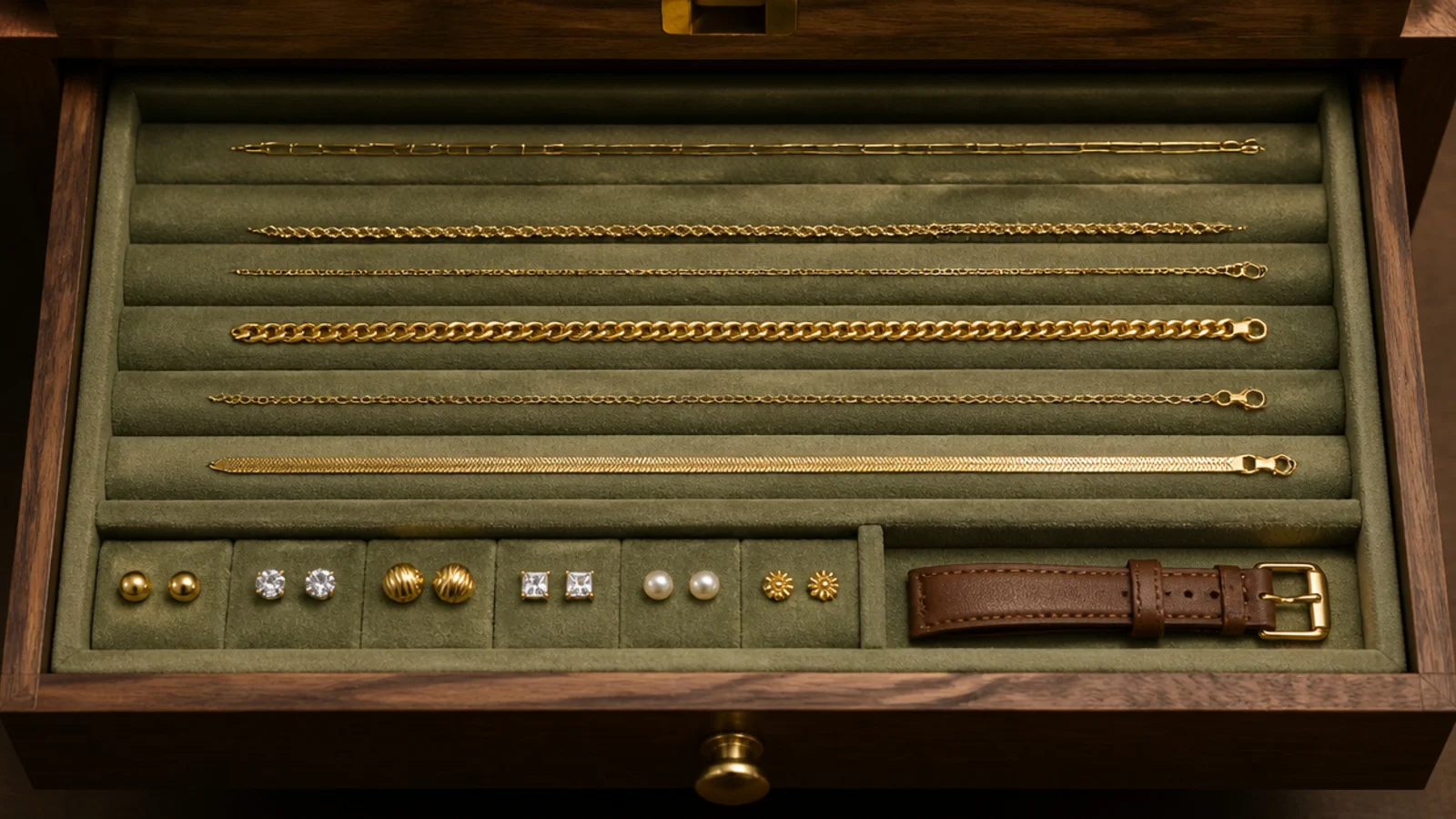 lined shallow drawer holding untangled chains and rings neatly