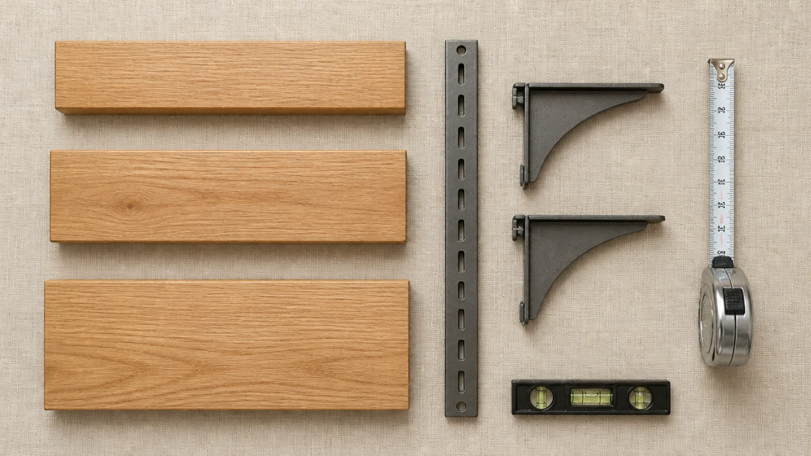 closet shelf boards and standards laid out with a tape measure and level