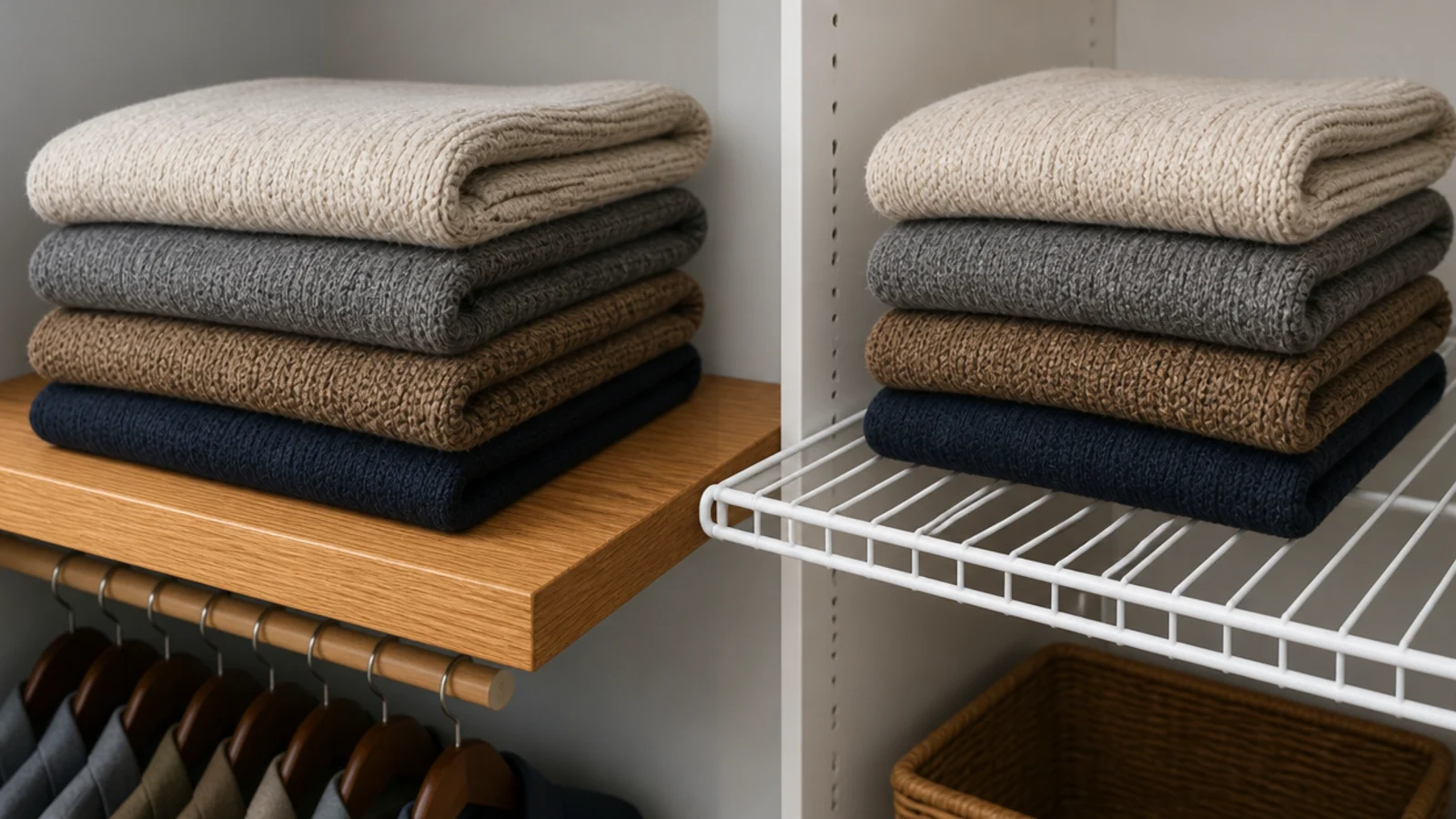 solid oak closet shelving holding folded sweaters beside a wire shelf
